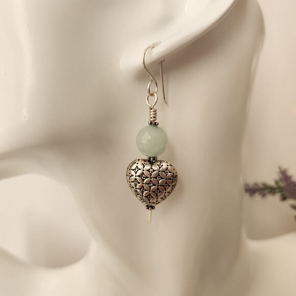 Amazonite Stone Silver Heart Dangle Earrings - Picture 3 of 8